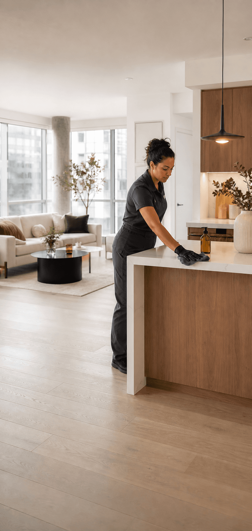 Professional cleaner resetting a bright short-term rental in the GTA